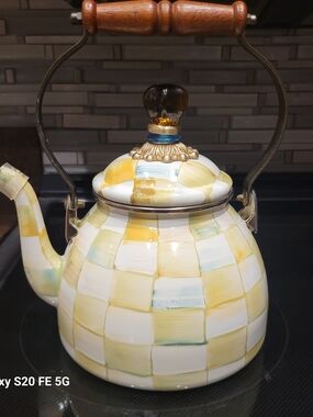 MacKenzie-Childs Yellow and Cream Checkered Ceramic Kettle with Wood Handle